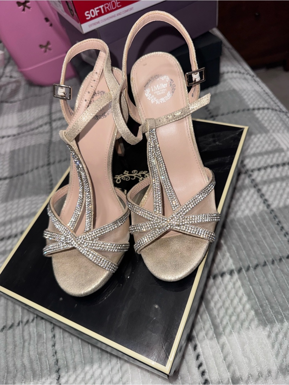Crystal Embellished Champagne Strappy Heels